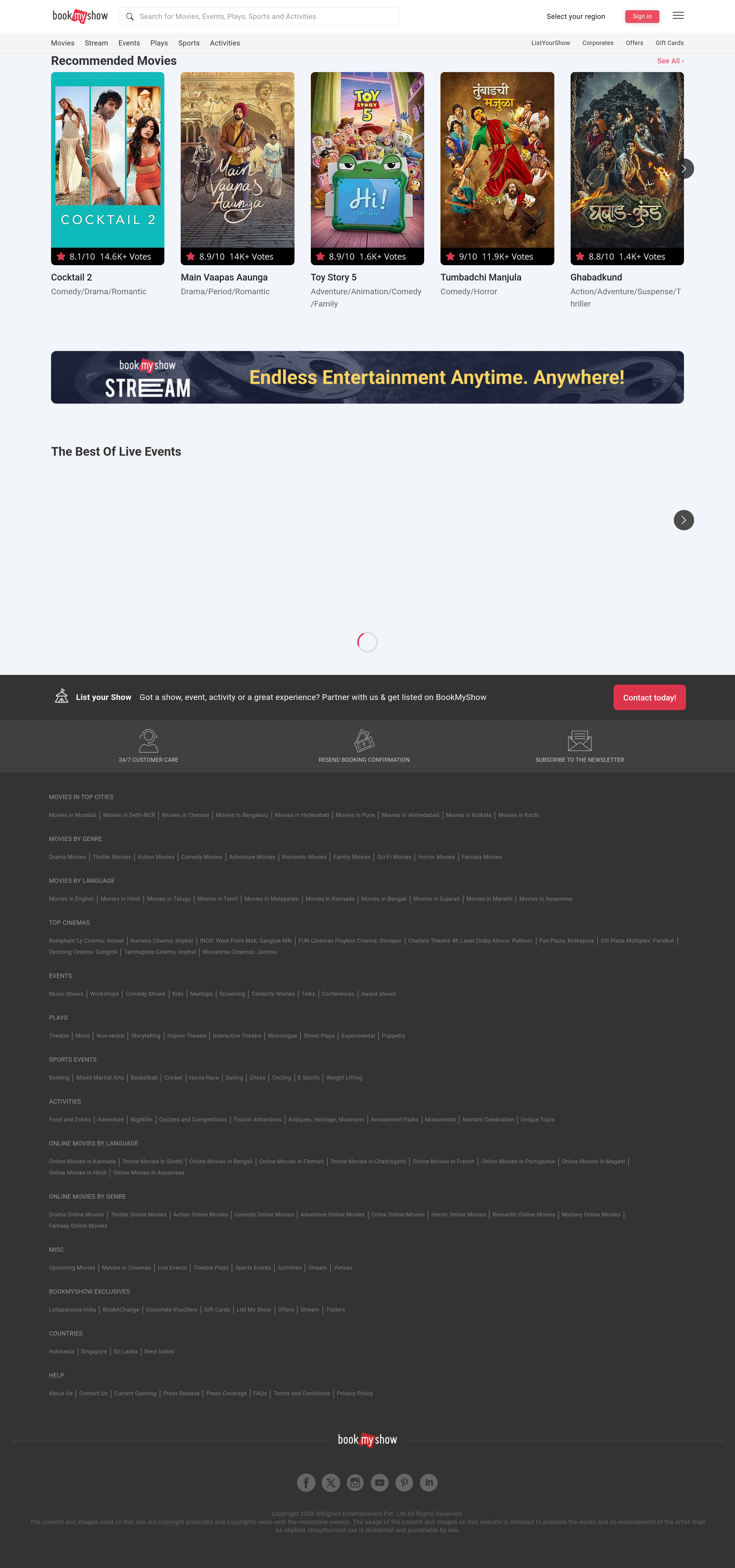 Screenshot of bookmyshow.com