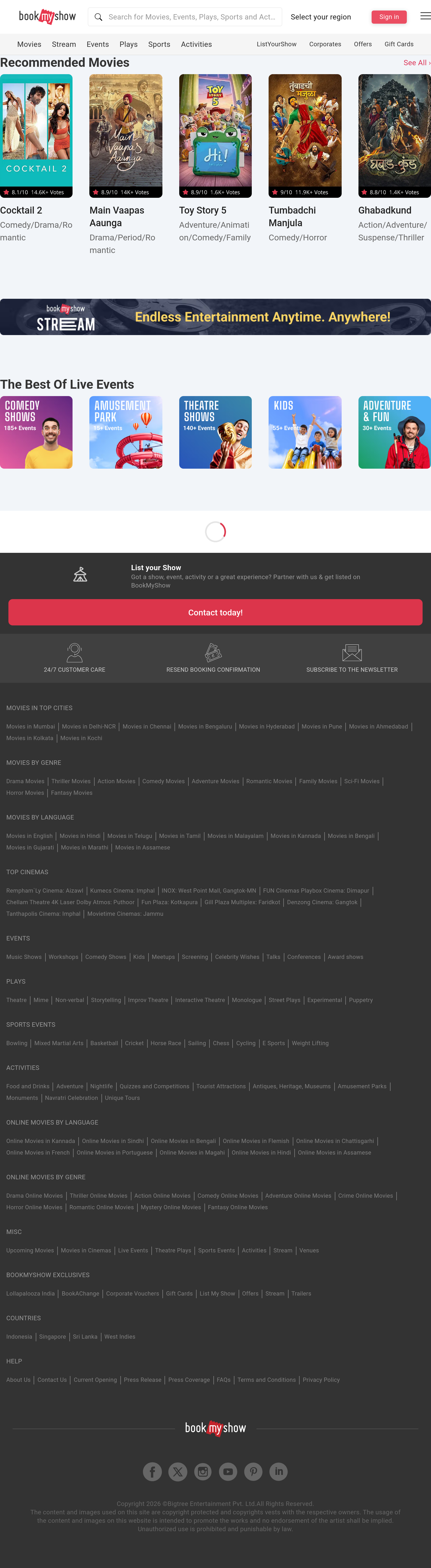 Tablet screenshot of bookmyshow.com