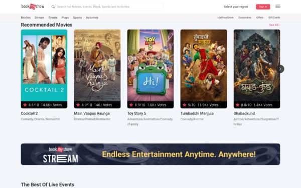 Screenshot of bookmyshow.com