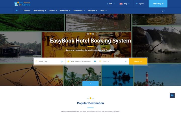 Screenshot stránky bookroomsinkerala.com