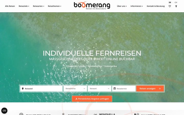 Ekraanipilt saidist boomerang-reisen.de