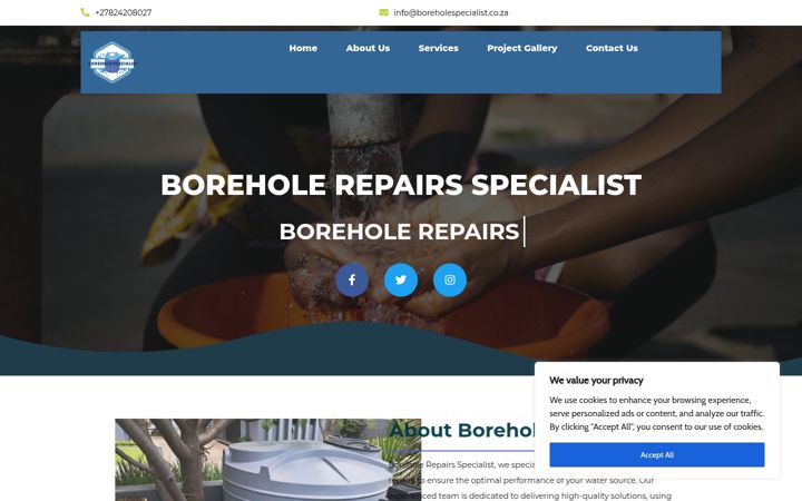 Screenshot ta' boreholespecialist.co.za