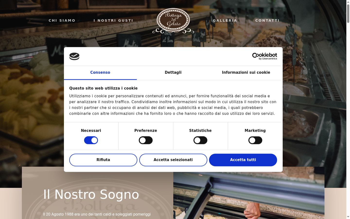 Screenshot del banner di consenso mostrato prima di qualsiasi interazione