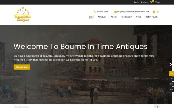 Screenshot of bourneintimeantiques.com