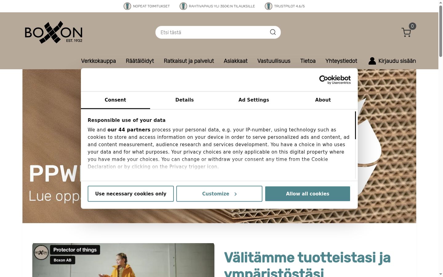 Képernyőkép a bármilyen interakció előtt megjelenő hozzájárulási bannerről