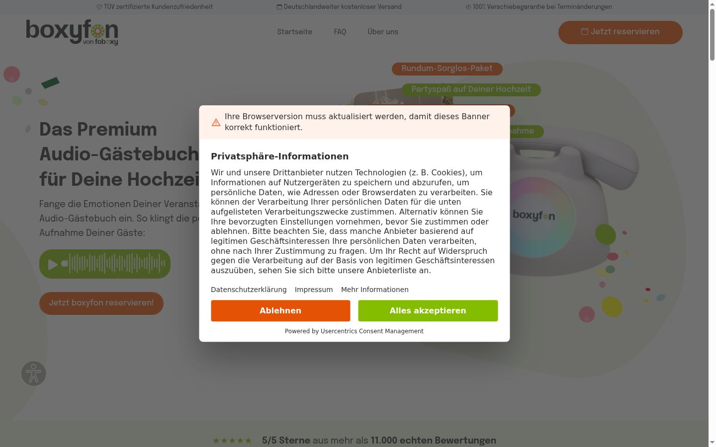 Screenshot des Einwilligungsbanners vor jeglicher Interaktion