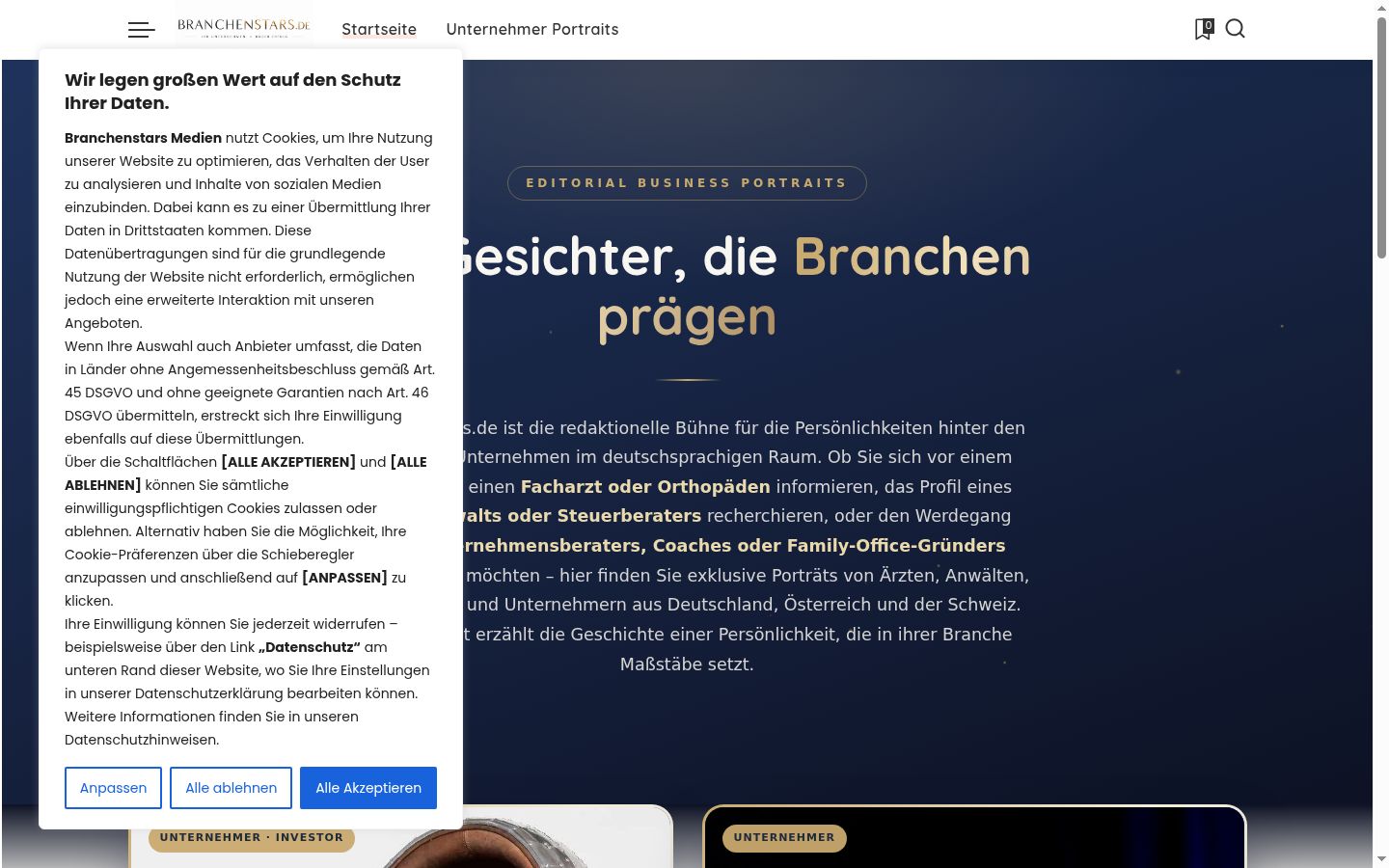 Screenshot des Einwilligungsbanners vor jeglicher Interaktion