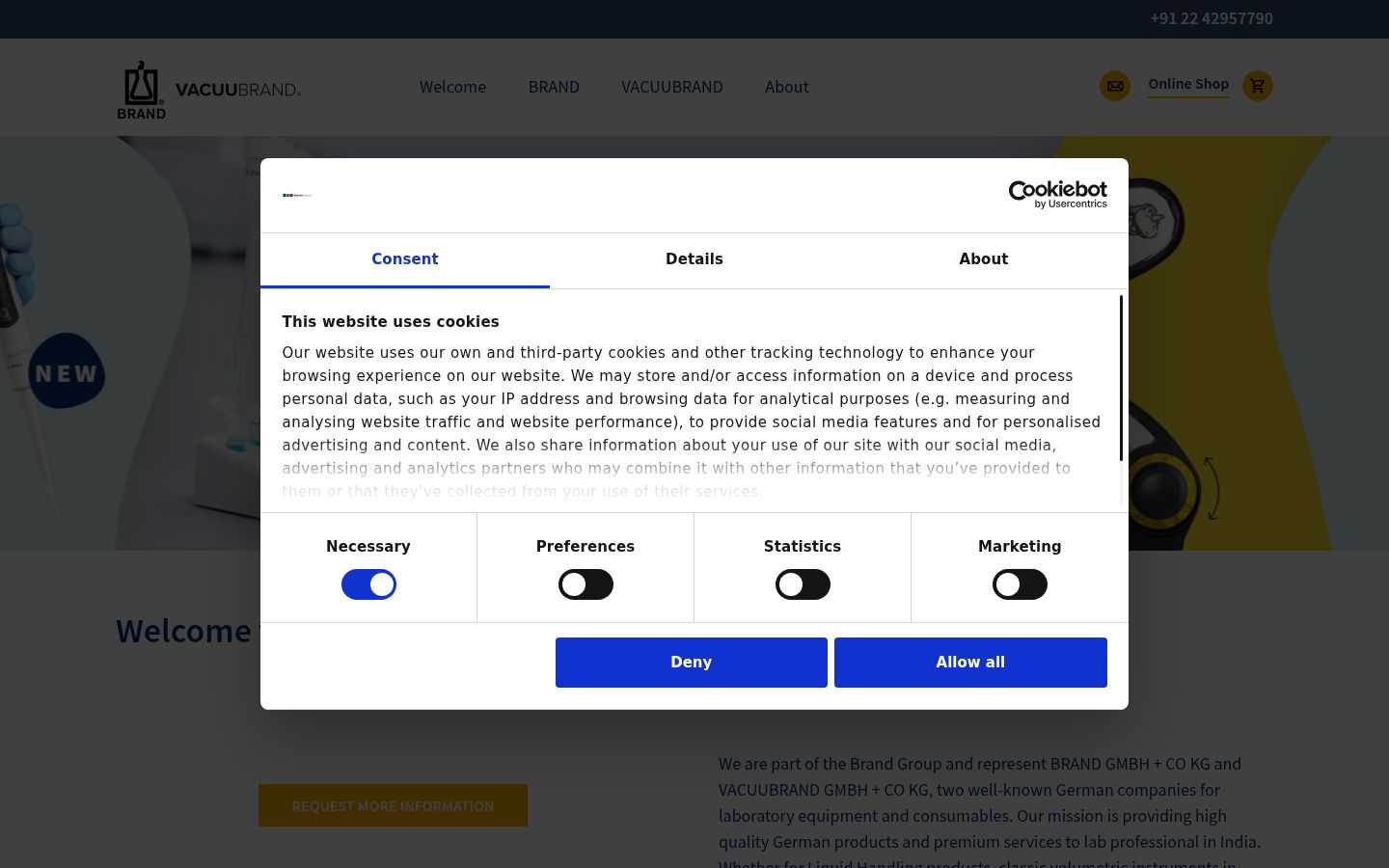 Screenshot del banner di consenso mostrato prima di qualsiasi interazione
