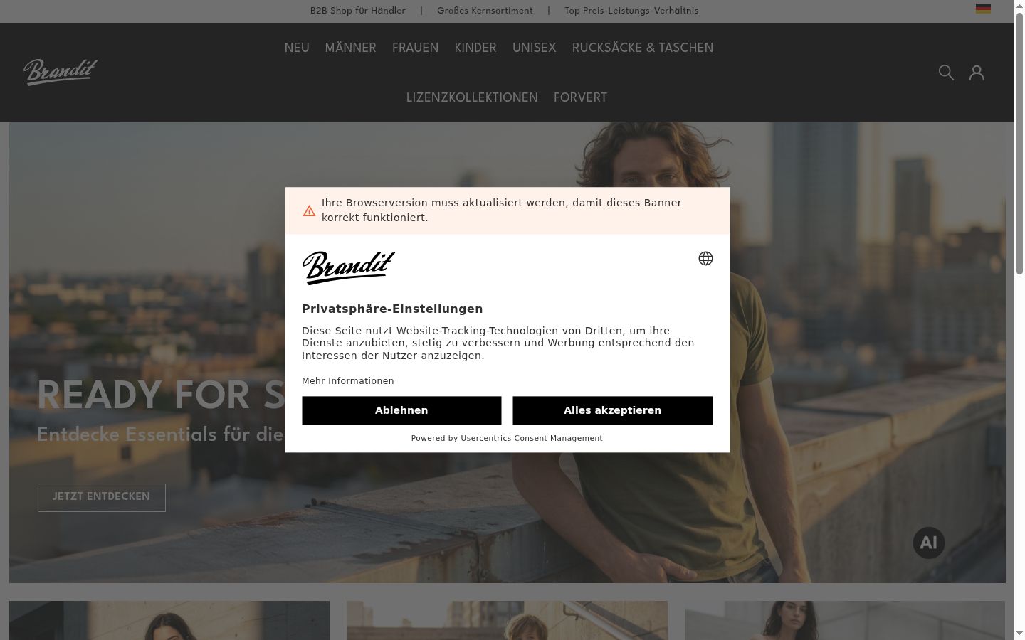 Screenshot del banner di consenso mostrato prima di qualsiasi interazione
