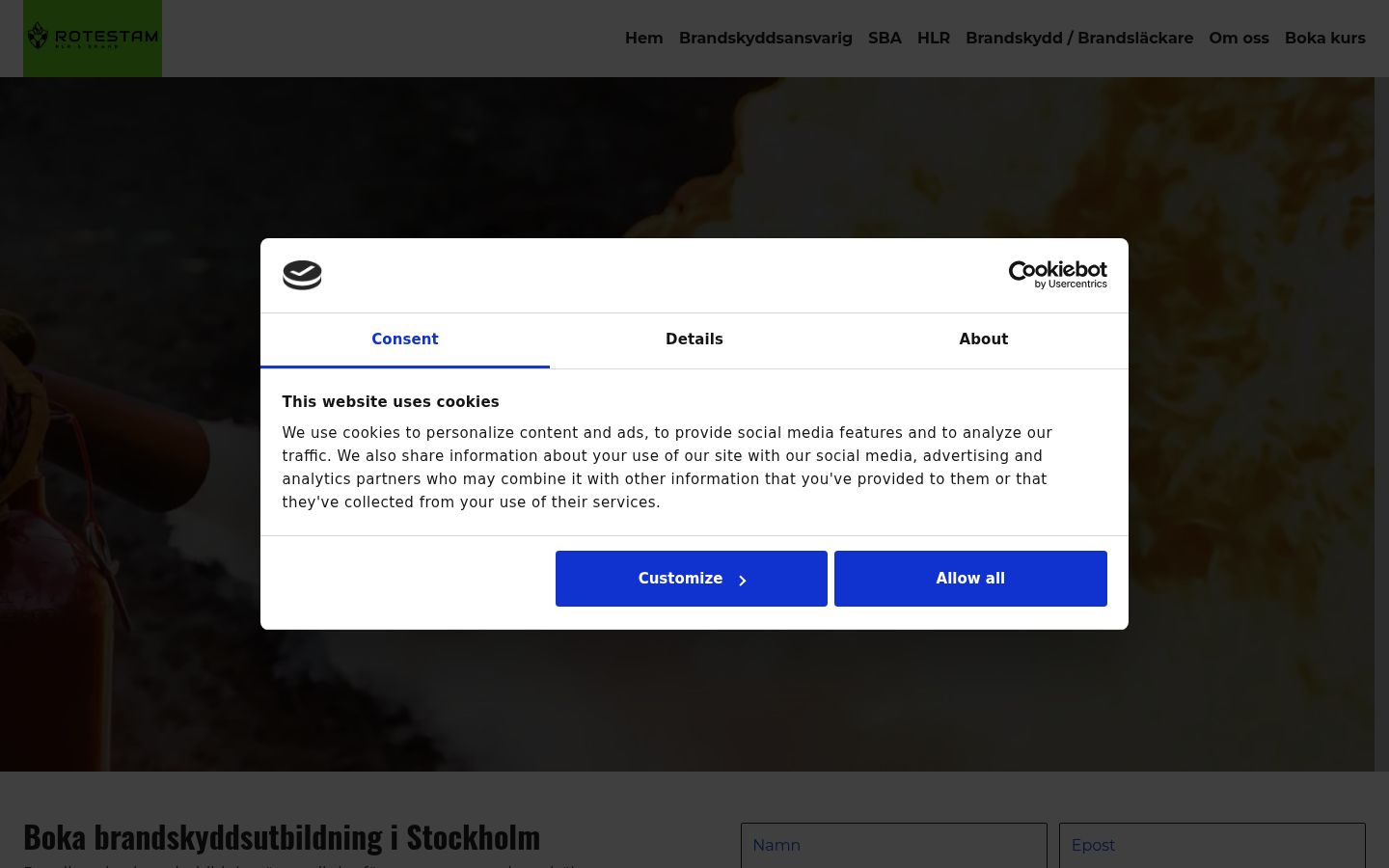 Skärmbild av samtyckesbannern som visades före någon interaktion