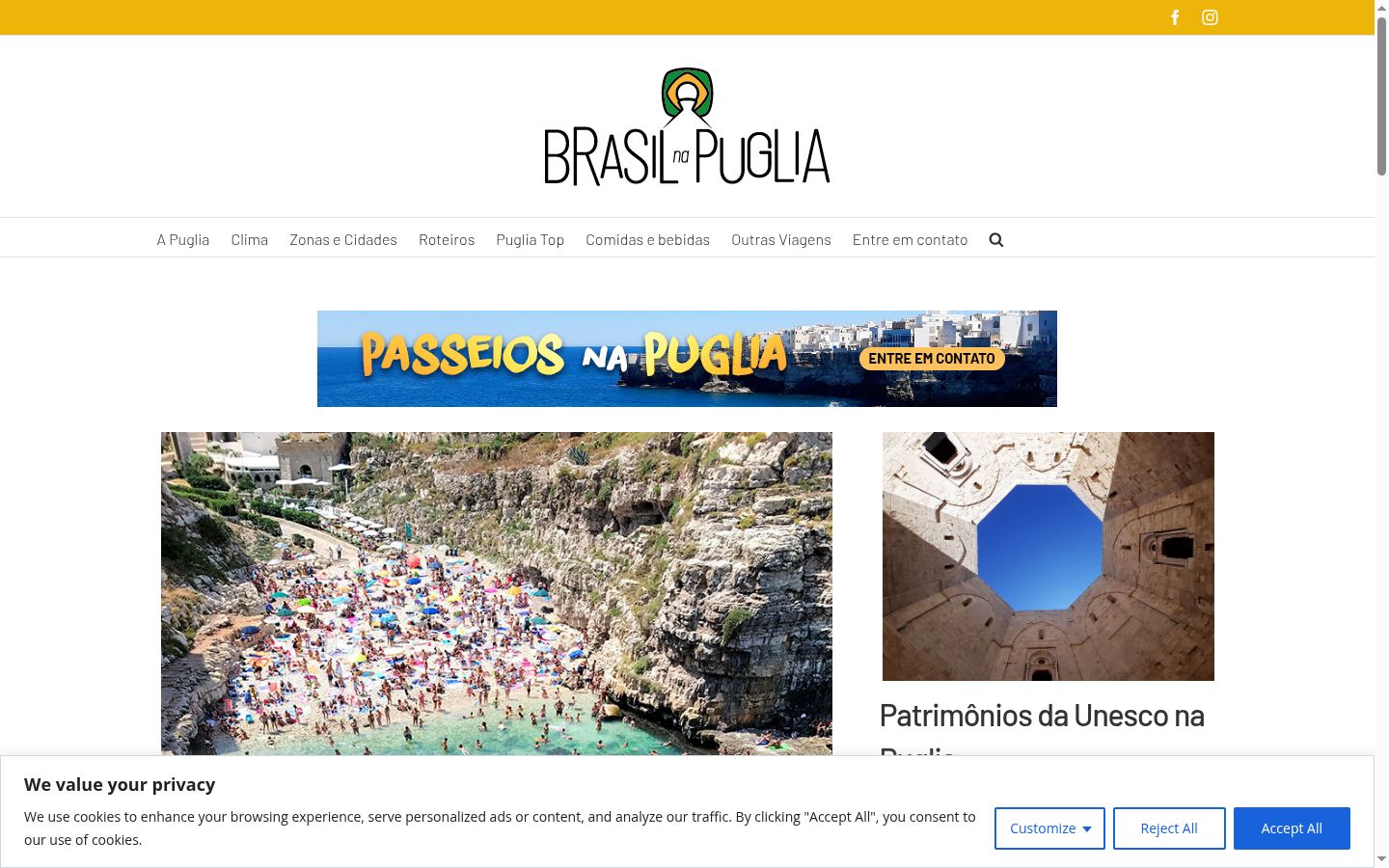 Captura de ecrã do banner de consentimento apresentado antes de qualquer interação