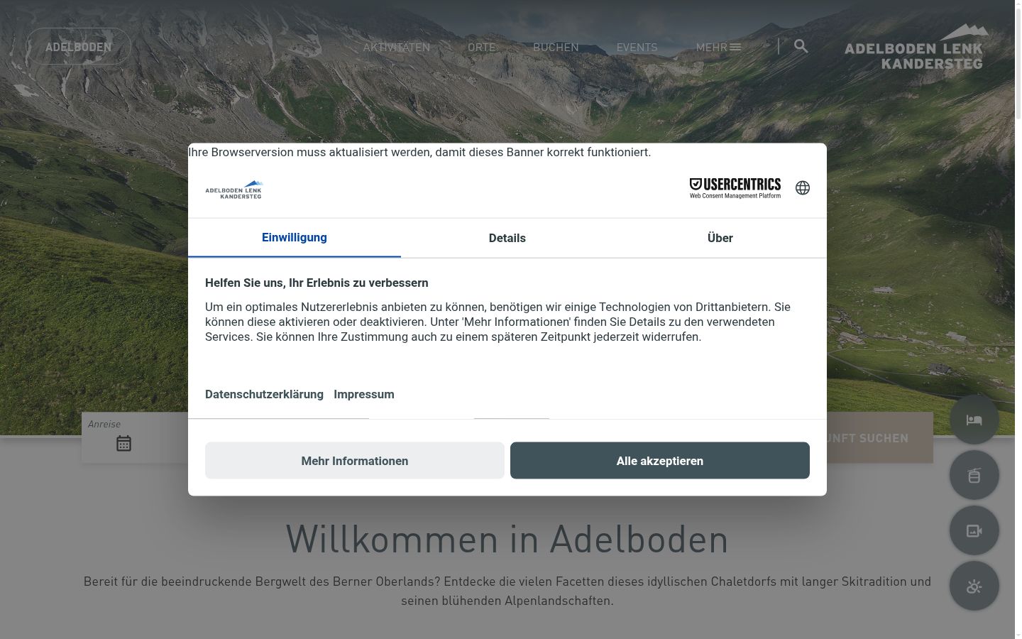 Screenshot des Einwilligungsbanners vor jeglicher Interaktion