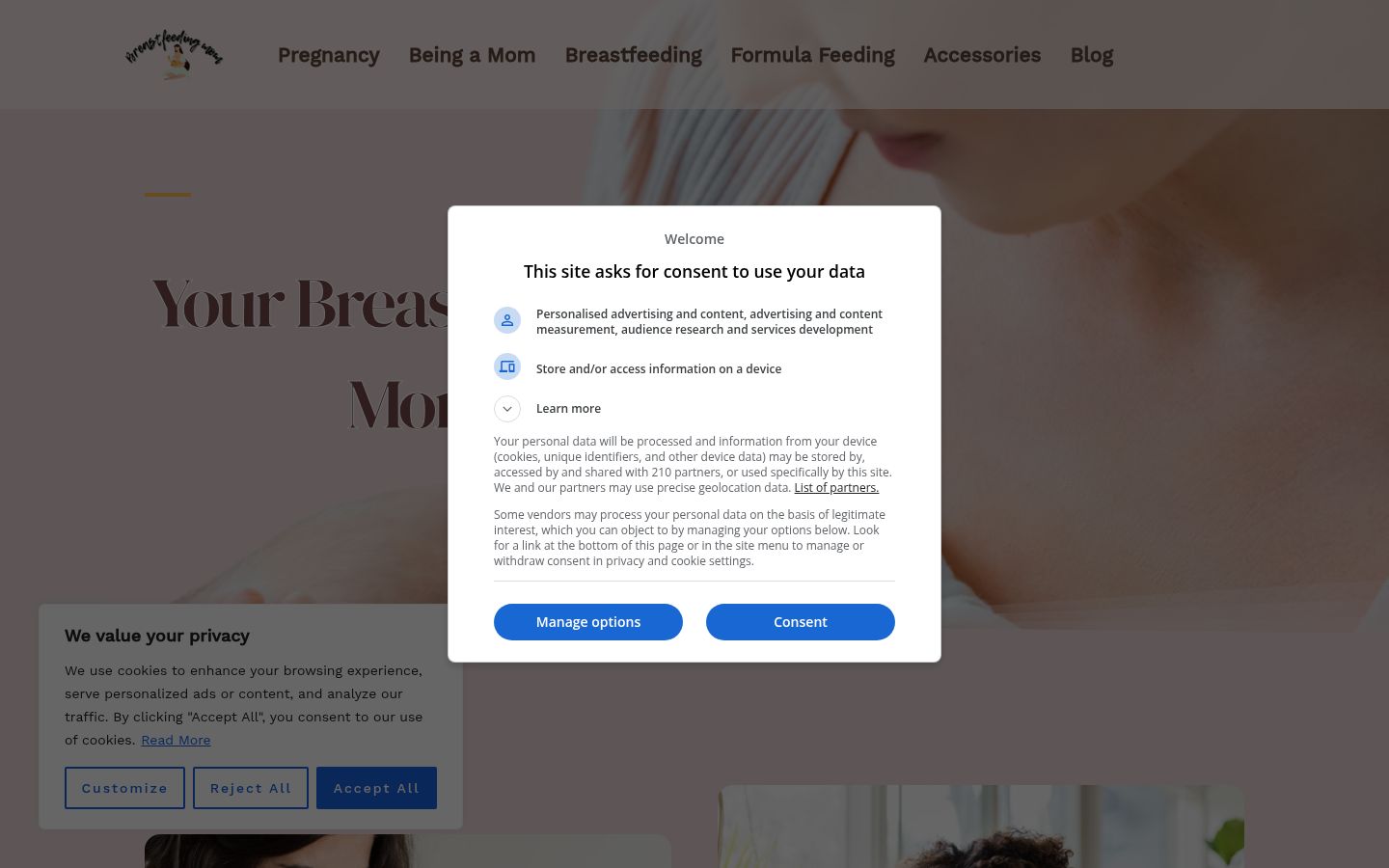 Screenshot del banner di consenso mostrato prima di qualsiasi interazione