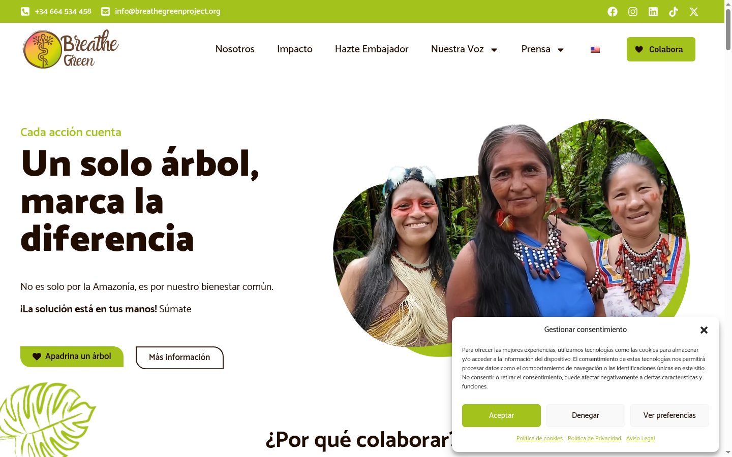 Captura de pantalla del banner de consentimiento mostrado antes de cualquier interacción