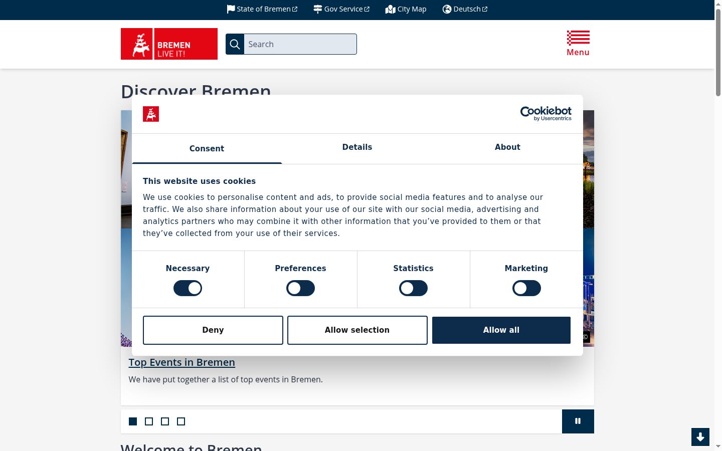 Screenshot del banner di consenso mostrato prima di qualsiasi interazione