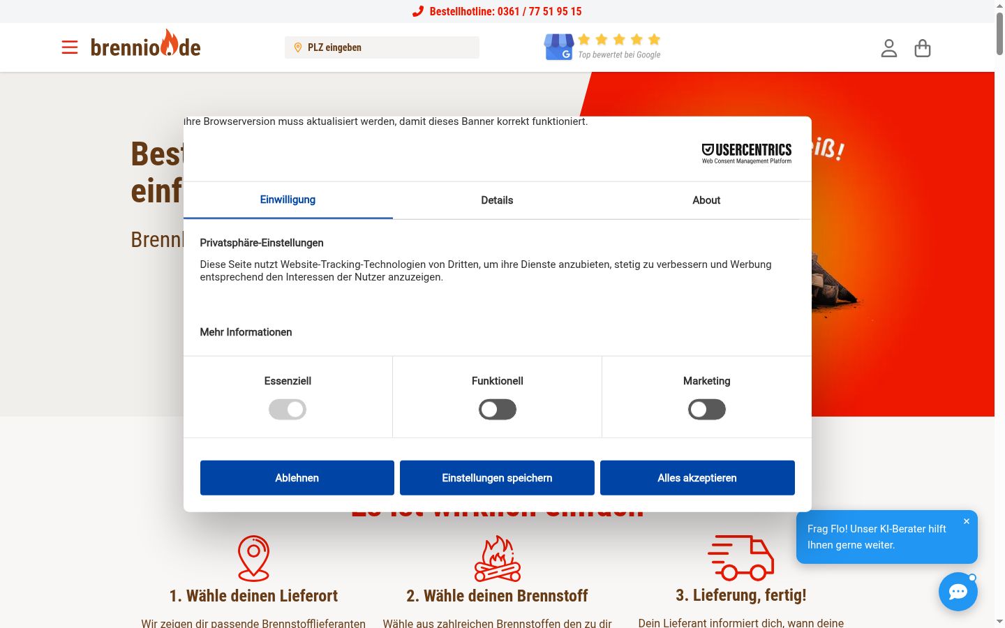 Posnetek zaslona pasice za privolitev, prikazane pred kakršno koli interakcijo