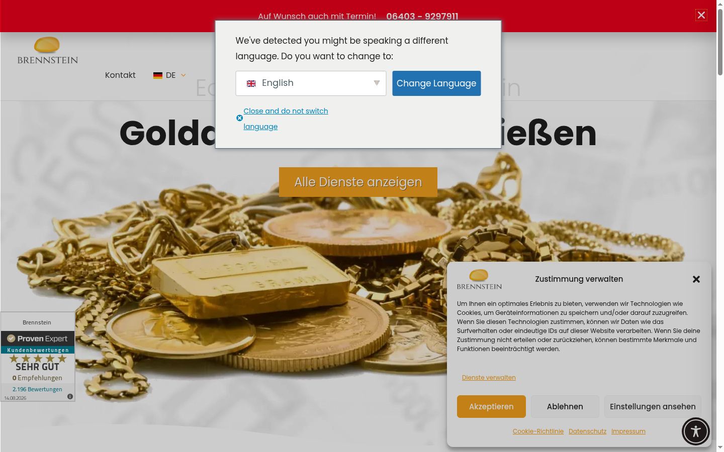 Captura de pantalla del banner de consentimiento mostrado antes de cualquier interacción