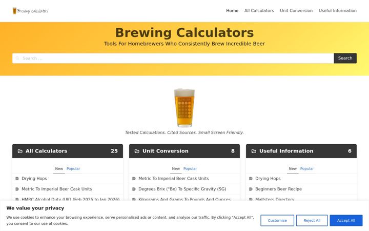 Screenshot of brewingcalculators.com