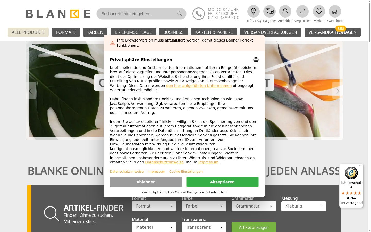 Screenshot del banner di consenso mostrato prima di qualsiasi interazione