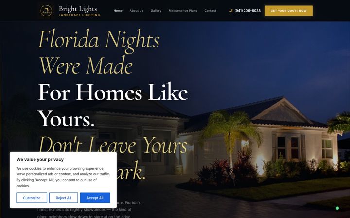 Screenshot of brightlightslandscapelighting.com