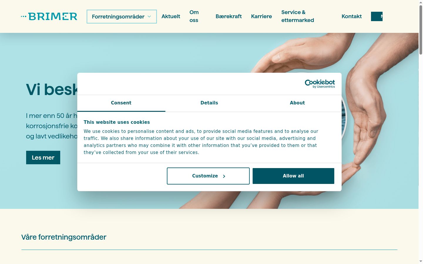 Skärmbild av samtyckesbannern som visades före någon interaktion