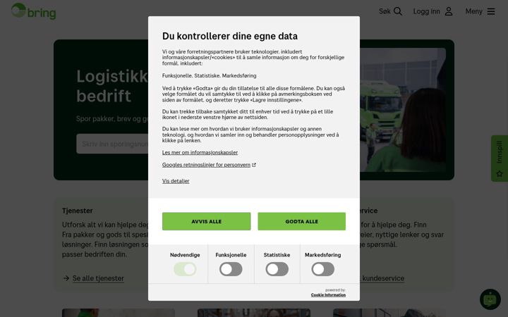Screenshot of bring.no