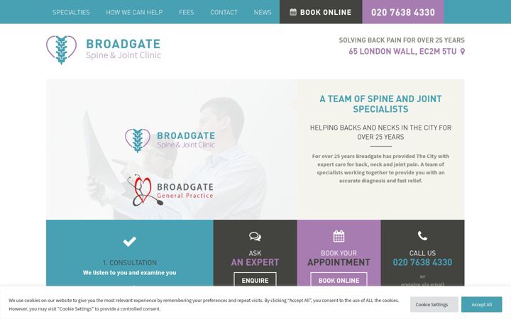 Screenshot of broadgatespinecentre.co.uk