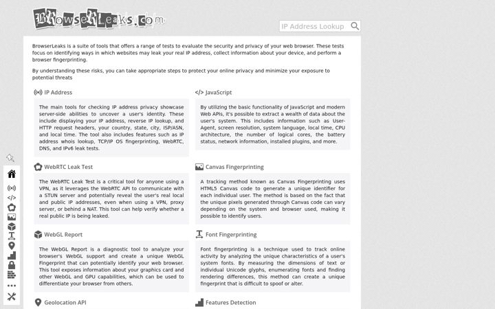 Screenshot di browserleaks.org