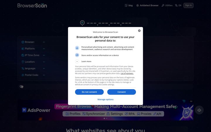 Snímek obrazovky browserscan.net