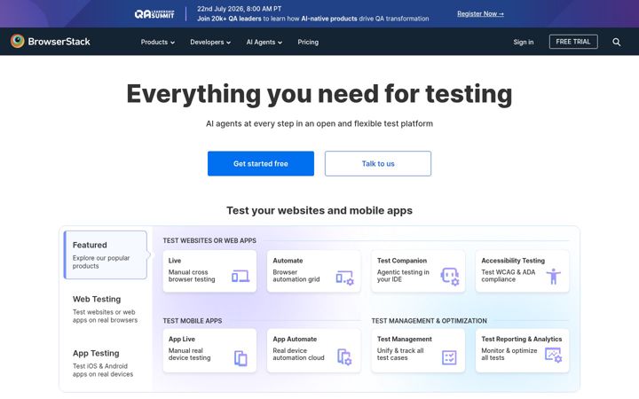 Snímek obrazovky browserstack.com