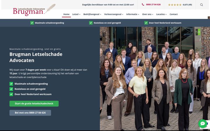 Captură de ecran a brugmanletselschadeadvocaten.nl