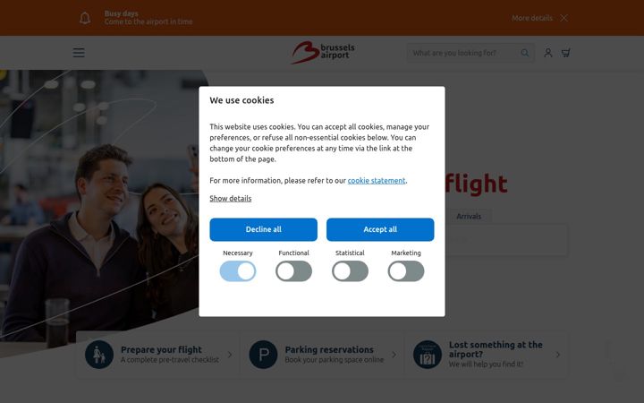 Snímek obrazovky brusselsairport.be