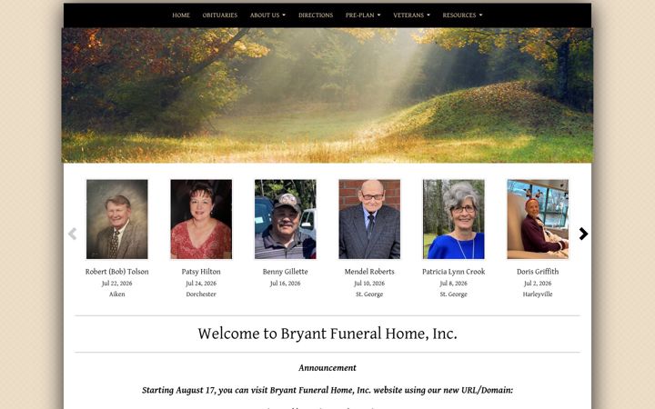 Kuvakaappaus sivustosta bryantfuneral.org