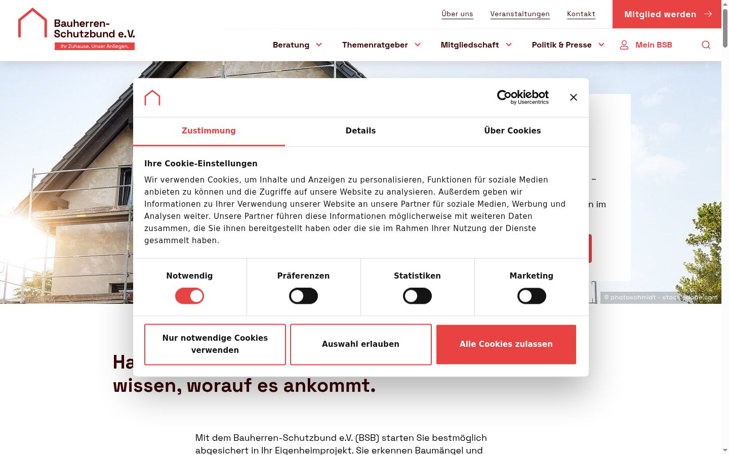 Screenshot des Einwilligungsbanners vor jeglicher Interaktion