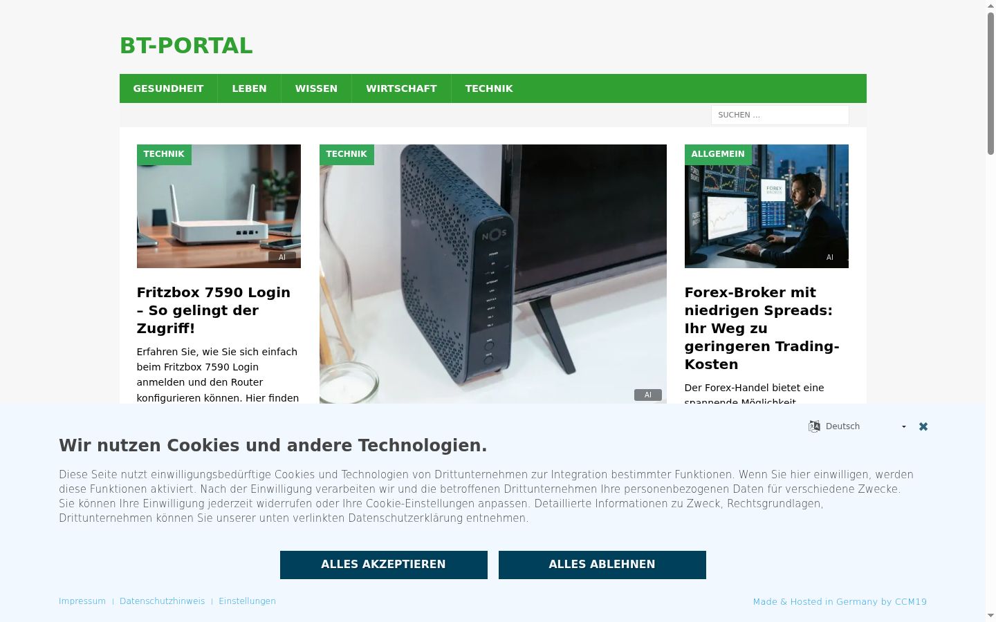 Captura de ecrã do banner de consentimento apresentado antes de qualquer interação