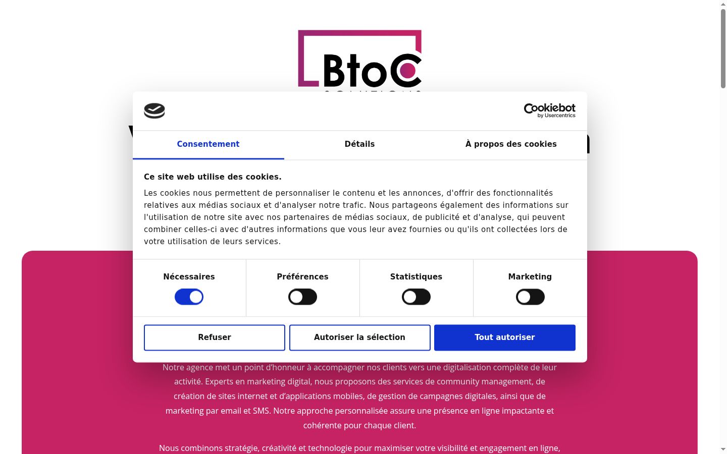 Captura de ecrã do banner de consentimento apresentado antes de qualquer interação