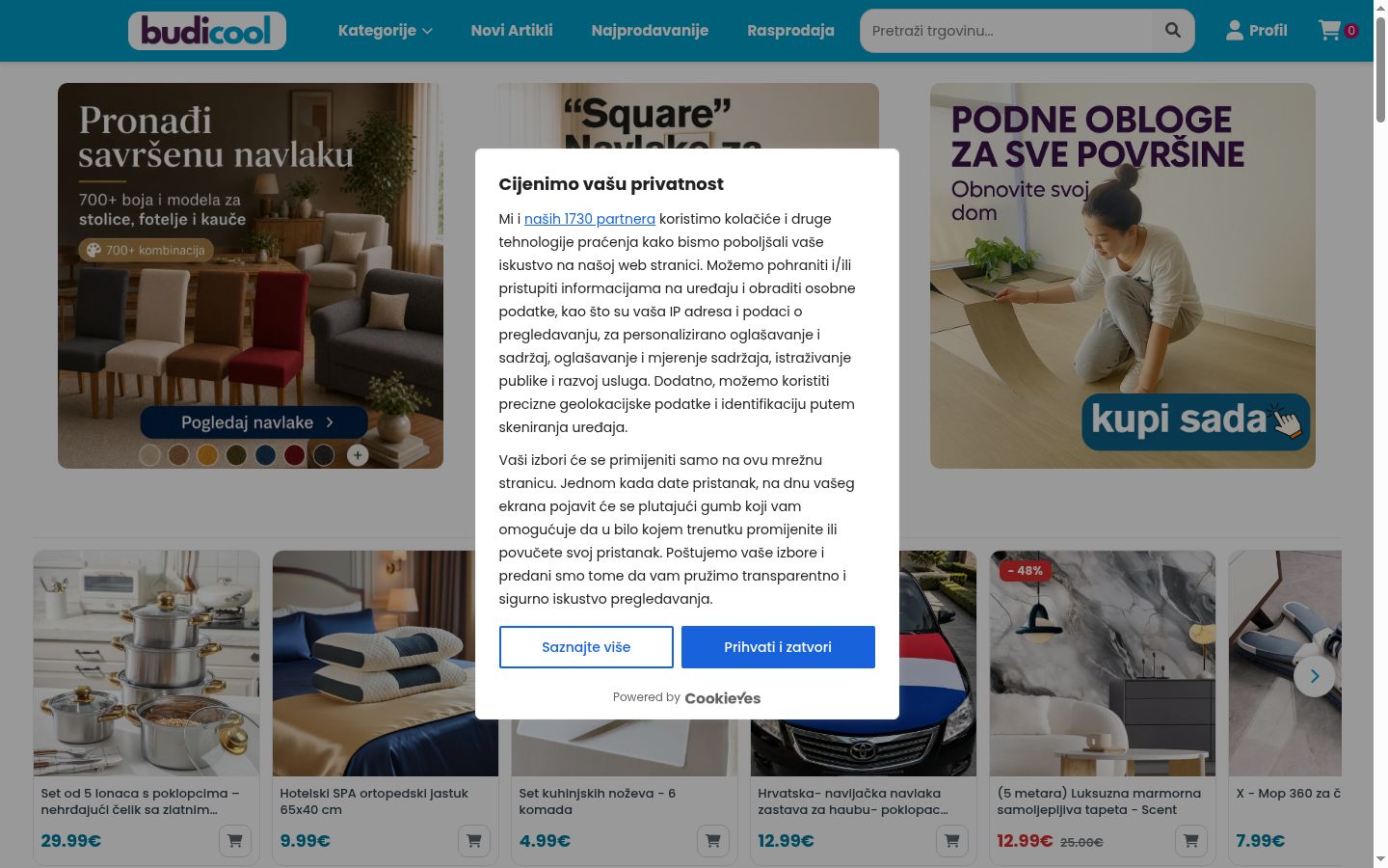 Ekrānuzņēmums ar piekrišanas baneri, kas tika rādīts pirms jebkādas mijiedarbības
