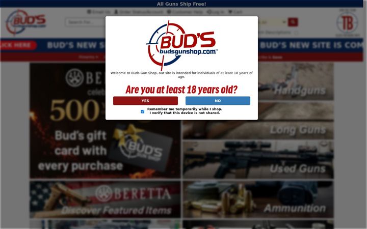 Snimka zaslona za budsgunshop.com