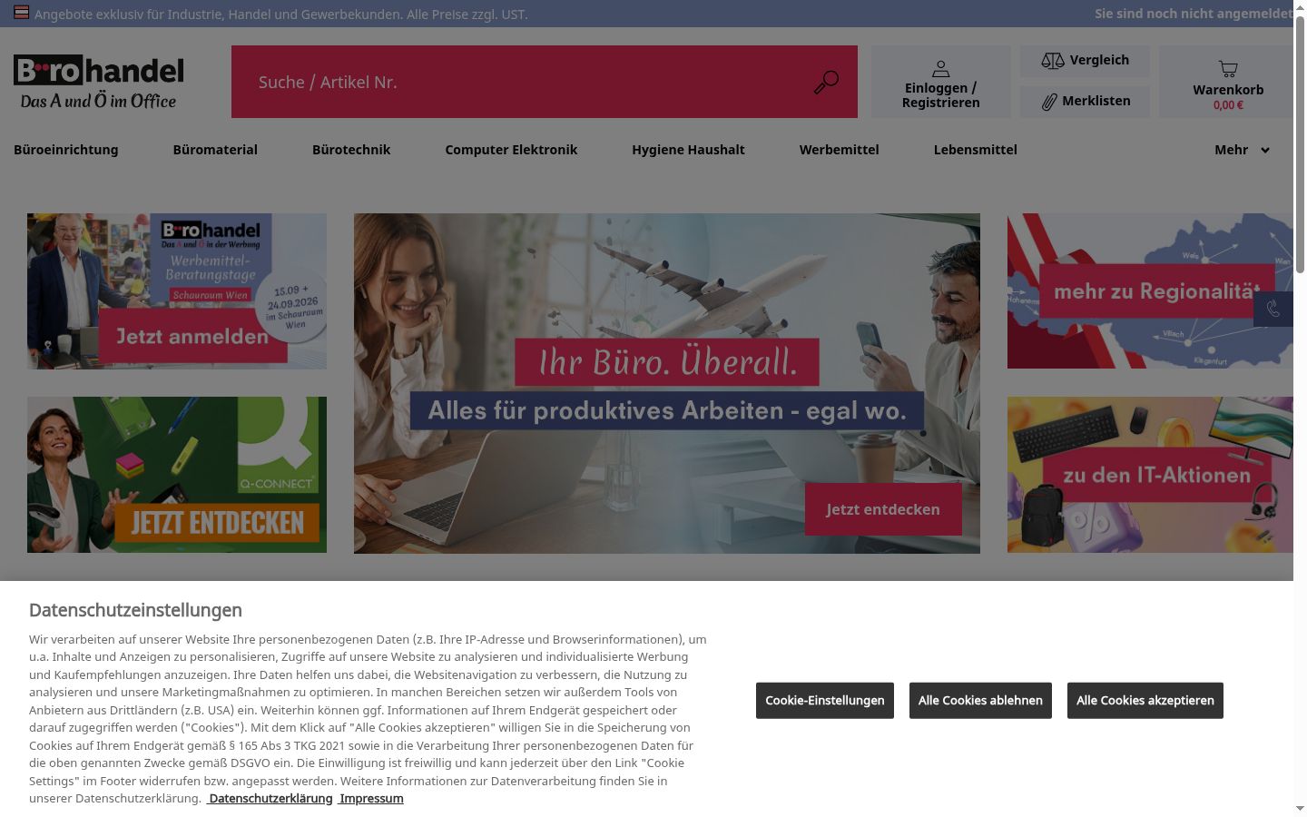 Captura de ecrã do banner de consentimento apresentado antes de qualquer interação