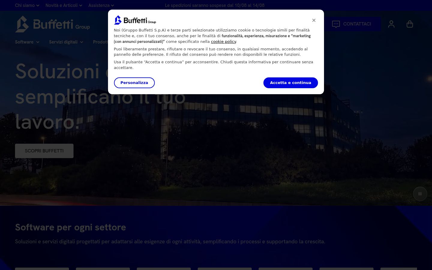 Screenshot del banner di consenso mostrato prima di qualsiasi interazione