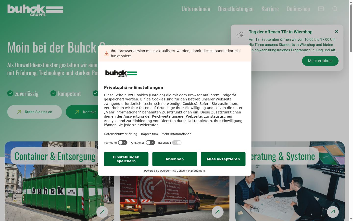 Screenshot des Einwilligungsbanners vor jeglicher Interaktion