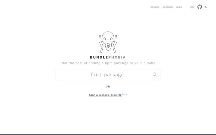 Screenshot of bundlephobia.com