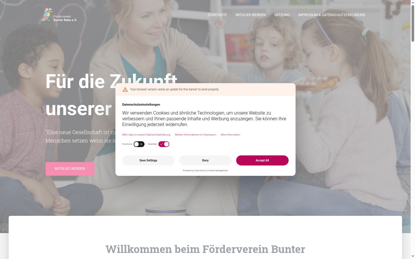 Screenshot des Einwilligungsbanners vor jeglicher Interaktion