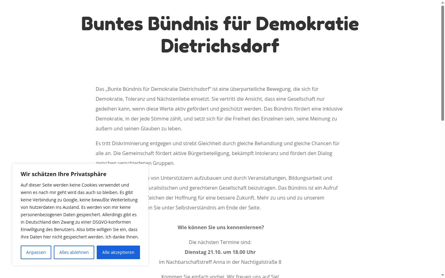 Screenshot des Einwilligungsbanners vor jeglicher Interaktion