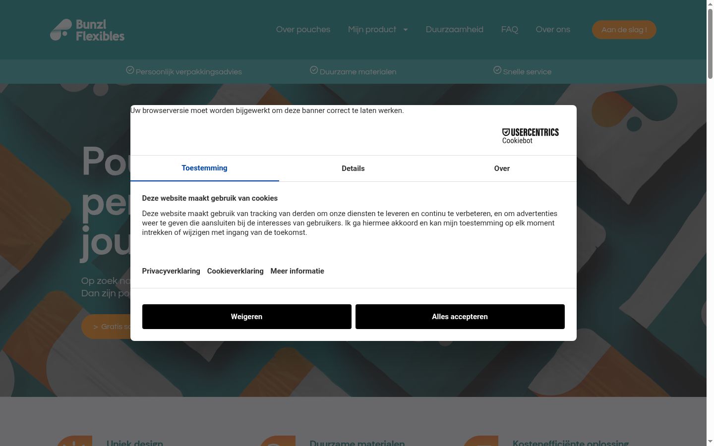 Captura de ecrã do banner de consentimento apresentado antes de qualquer interação