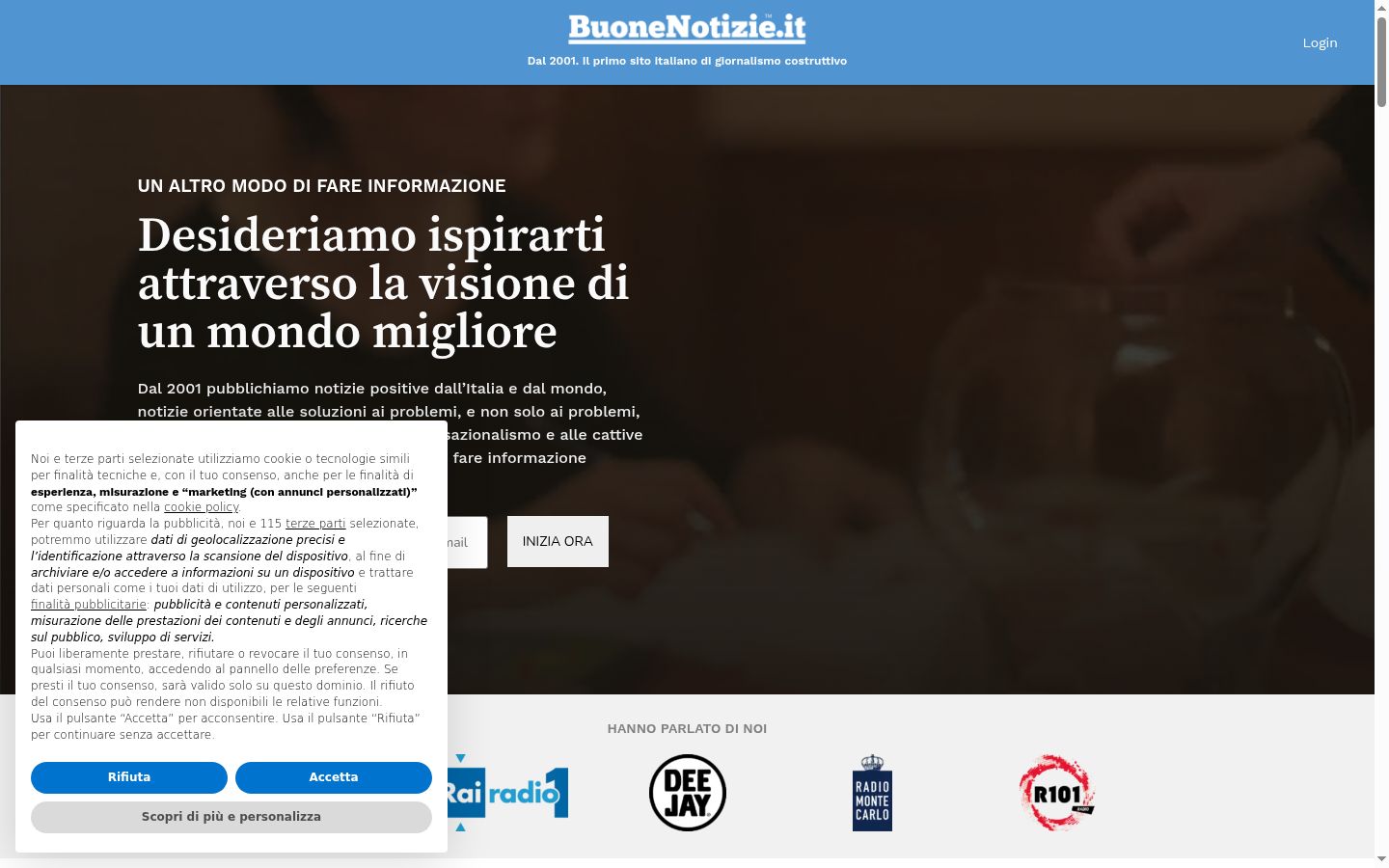 Screenshot del banner di consenso mostrato prima di qualsiasi interazione
