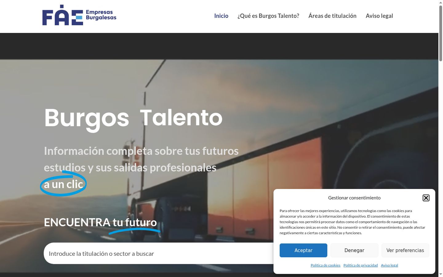 Captura de pantalla del banner de consentimiento mostrado antes de cualquier interacción