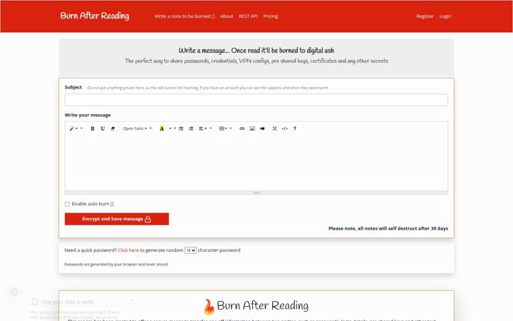 Screenshot of burnafterreading.me