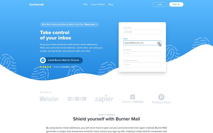 Screenshot van burnermail.io