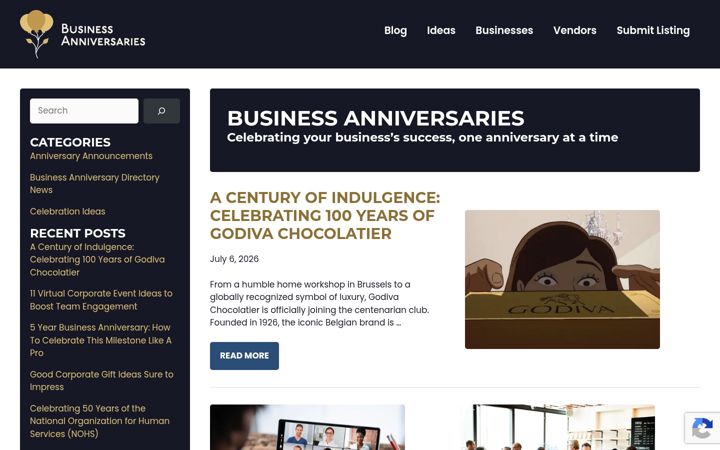 Screenshot of businessanniversaries.com